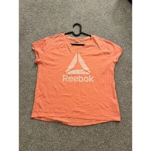 Reebok Womens Delta Logo Graphic T-Shirt Coral Orange V-Neck Short Sleeve Large